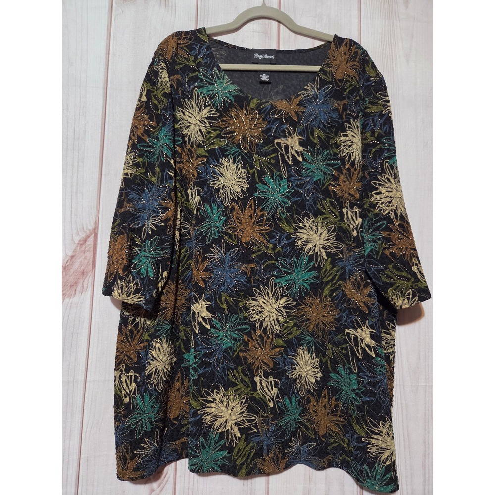 Maggie Barnes Floral Metallic Tunic Womens 2X Multi Color 3/4 Sleeve‎ Scoop Neck
